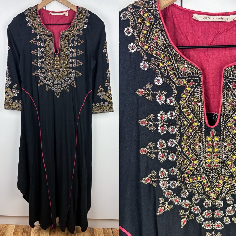 Soft Surroundings Beaded Embroidered Caftan Kaftan Maxi Dress Black Gold Red XS